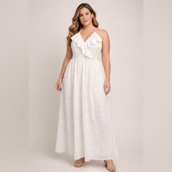 Betsey Johnson Dresses & Skirts - Betsey Johnson White Halter Eyelet Dress Flutter Neckline, Bridal, Wedding, Boho